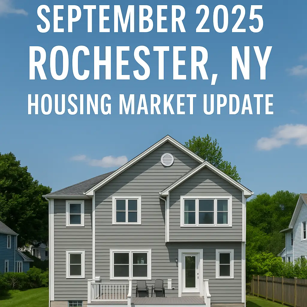 September 2025 Rochester NY Housing Market Update cover photo featuring a modern suburban home with clear text overlay.