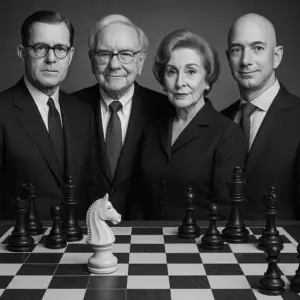 Joseph P. Kennedy, Warren Buffett, Estée Lauder, and Jeff Bezos standing together around a chessboard symbolizing strategy and opportunity