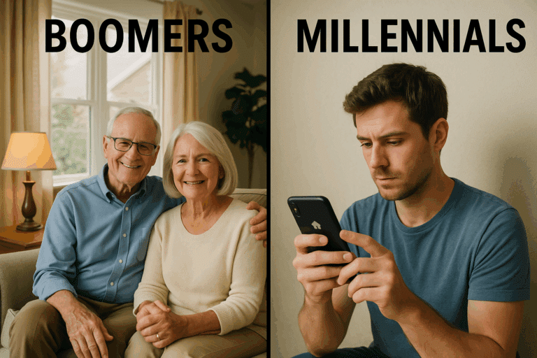 “Side-by-side photo comparing Baby Boomers sitting comfortably in their home with Millennials browsing home listings on a smartphone, illustrating generational differences in housing access and mobility.”