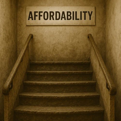 Steep, dusty staircase labeled ‘Affordability,’ symbolizing the increasingly difficult path first-time homebuyers face as housing inventory remains tight and prices stay elevated.